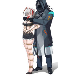 1boy 1girl absurdres antenna_hair arknights arms_behind_back ball_gag bdsm black_gloves bound bound_arms bound_legs bound_tail breasts demon_girl demon_horns demon_tail dildo_gag doctor_(arknights) full_body gag gloves grey_hair high_heels highres horns medium_breasts red_eyes second-party_source shibari shibari_over_clothes shinebell shorts standing tail w_(arknights) white_background wiffle_gag wis&#039;adel_(arknights)