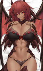 Rule 34 | 1girl, abs, bare shoulders, black bra, bow, bow bra, bra, breasts, collar, cowboy shot, dakimakura (medium), dark-skinned female, dark skin, demon girl, demon horns, demon wings, horns, large breasts, oversized wings, lying, navel, on back, original, panties, red bow, red eyes, red hair, see-through clothes, see-through panties, short hair, solo, tony guisado, underwear, wings
