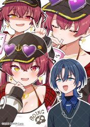 2girls baseball_cap black_hair black_hat black_sweater blue_eyes blue_hair blue_shirt breasts cleavage cup drinking drinking_straw eyewear_on_head eyewear_on_headwear hat heart_pendant hiodoshi_ao hololive hololive_dev_is houshou_marine houshou_marine_(summer) long_hair multicolored_hair multiple_girls shirt short_hair sweater torinokawori twintails two-tone_hair virtual_youtuber w white_shirt