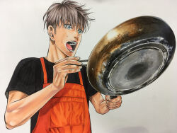1boy absurdres apron brown_hair chopsticks frying_pan highres itadaki_nariagari_meshi kenny_(itadaki_nariagari_meshi) orange_apron