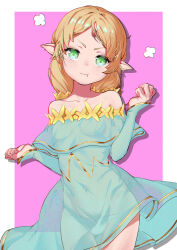 1girl aghost_(a841119) angry bare_shoulders blonde_hair blue_dress border breasts collarbone cowboy_shot dress green_eyes isekai_ojisan long_hair long_sleeves looking_at_viewer medium_breasts navel panties pink_background pointy_ears pout see-through_clothes see-through_dress simple_background solo standing sui_(isekai_ojisan) underwear white_border white_panties