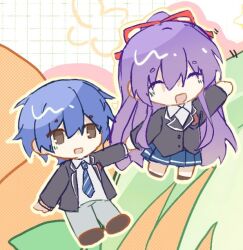 Rule 34 | 1boy, 1girl, blue hair, brown eyes, chibi, date a live, itsuka shidou, long hair, n.(pl), purple eyes, purple hair, ribbon, school uniform, short hair, yatogami tohka