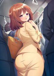 1girl 4boys ass bag black_hair black_jacket black_pants blush brown_hair business_suit formal_clothes hair_between_eyes highres jacket long_sleeves looking_at_viewer medium_hair multiple_boys office_lady open_mouth original pants purple_eyes shoulder_bag sidelocks skirt solo_focus standing suit taut_clothes taut_skirt train_interior urute window yellow_jacket yellow_skirt