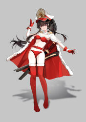 1girl absurdres alternate_costume belt bikini black_hair breasts cape fate/grand_order fate_(series) full_body fur_trim gloves hat highres katana looking_at_viewer navel oda_nobunaga_(fate) oda_nobunaga_(koha-ace) oda_uri parted_lips peaked_cap ponytail red_belt red_bikini red_cape red_eyes red_gloves red_thighhighs santa_bikini santa_costume simple_background small_breasts solo swimsuit sword thighhighs two-sided_cape two-sided_fabric weapon white_cape white_hat xixing_chun