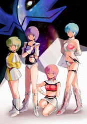 4girls arm_behind_back arms_behind_back artist_name blue_eyes blue_hair boots breasts choker cleavage closed_mouth clothing_cutout commentary full_body fuzawa_kumiko green_eyes grey_hair hair_ornament halterneck hand_on_own_hip knee_boots leotard lightning_bolt_symbol looking_to_the_side medium_breasts micro_shorts midriff miz_mus morimoto_momoko multiple_girls navel ogawa_miku on_one_knee pencil_skirt pink_eyes pink_hair purple_eyes purple_hair purple_sports_bra red_sports_bra see-through_clothes see-through_footwear shirt short_hair shorts skirt sleeveless sleeveless_shirt small_breasts sports_bra standing thigh_strap thighs tight_clothes twitter_username white_boots white_choker white_skirt wingman wingman_(wingman) wrist_cuffs yellow_shirt yume_aoi