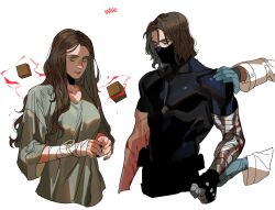 Rule 34 | 1boy, 1girl, 2others, absurdres, artist name, avengers: age of ultron, avengers (series), bandaged arm, bandages, black mask, black shirt, blood, blood on arm, blue eyes, blue gloves, breasts, brown hair, bucky barnes, captain america: the winter soldier, captain america (series), collarbone, commentary request, covered collarbone, covered mouth, cube, dress, fingerless gloves, gloves, green eyes, grey dress, hand on another&#039;s shoulder, highres, karmaho, korean commentary, long hair, long sleeves, looking at viewer, magic, marvel, marvel cinematic universe, mask, medium breasts, mouth mask, multiple others, muscular, muscular male, prosthesis, prosthetic arm, red lips, robe, shirt, short hair, short sleeves, simple background, single glove, teeth, telekinesis, wanda maximoff, wavy hair, white background, white gloves, white robe, wide sleeves, winter soldier