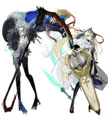 Rule 34 | 1boy, 1girl, armor, armored dress, arthropod boy, artoria caster (fate), artoria caster (third ascension) (fate), artoria pendragon (fate), avalon le fae (fate/grand order), black boots, black gloves, black pants, black tabard, blonde hair, blue bow, blue eyes, boots, bow, breastplate, cape, capelet, collared shirt, crown, diamond hairband, dress, facial mark, fate/grand order, fate (series), floating cape, floating hair, forehead mark, fur-trimmed cape, fur-trimmed capelet, fur trim, gloves, gold crown, green eyes, grey hair, hair bow, highres, holding, holding scythe, holding weapon, kasukasugom1, long hair, marmyadose (fate), multicolored cape, multicolored dress, oberon (fate), oberon (third ascension) (fate), pants, ponytail, scythe, serious, shirt, short hair, sidelocks, simple background, tabard, thigh boots, weapon, white background, white cape, white dress, white shirt