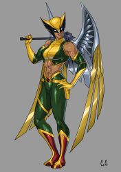 1girl abs absurdres bodysuit boots breasts cleavage cody_conyers_(stellaravenger) dc_comics earrings feathered_wings hawkgirl highres holding holding_weapon jewelry justice_league justice_league:_the_animated_series long_hair mace midriff pants smile solo spiked_mace spikes weapon wings