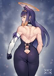 Rule 34 | 1girl, alternate muscle size, ass, back muscles, black gloves, blunt bangs, butt crack, closed mouth, gloves, heynim, highres, hololive, hololive english, looking at viewer, muscular, muscular female, ninomae ina&#039;nis, orange hair, pointy ears, purple eyes, purple hair, tentacle hair, virtual youtuber