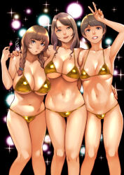 3girls arm_around_shoulder arm_around_waist arm_up armpits bikini black_background black_eyes black_hair blue_eyes braid breasts brown_hair candy cleavage food frown ganto gold_bikini green_eyes hair_tie holding_candy holding_lollipop large_breasts lips lollipop medium)hair multiple_girls navel original short_hair sidelocks small_breasts smile sparkle_background standing swimsuit thigh_gap twin_braids v
