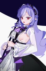 1girl bbocsean black_nails black_skirt breast_curtains breasts fingernails highres holding holding_umbrella large_breasts long_fingernails long_hair long_sleeves looking_at_viewer mole mole_under_eye open_mouth pointy_ears purple_hair red_eyes shirt sideboob skirt smile solo umbrella vivian_(zenless_zone_zero) white_background white_shirt zenless_zone_zero