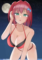 Rule 34 | 1girl, absurdres, all fours, arm support, bikini, blush, breasts, cleavage, dolphin hair ornament, dolphin wave, green eyes, highres, kirishima uniform, large breasts, layered bikini, leaning forward, moon, open mouth, plus1 tw, red hair, sakimiya iruka, short hair, side ponytail, swimsuit