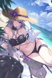 1girl absurdres alternate_costume bare_shoulders beach bikini black_bikini black_collar blue_sky breasts cleavage cleavage_cutout clothing_cutout collar collarbone commentary_request critter_pick_(honkai:_star_rail) day grey_hair hair_ribbon hand_on_own_hat hat herta_(honkai:_star_rail) highres honkai:_star_rail honkai_(series) long_hair lying medium_breasts nail_polish navel on_side outdoors parted_lips partial_commentary purple_eyes purple_nails purple_ribbon ribbon sasa_(sasa_ekakiman) sky smile solo stomach straw_hat swimsuit the_herta_(honkai:_star_rail) thighs very_long_hair