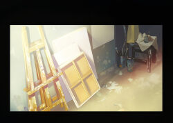 bucket canvas_(object) day easel hallway no_humans original paint_splatter paintbrush scenery shadow slow_d sunlight