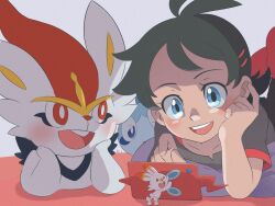 Rule 34 | 1boy, :d, ahoge, black hair, black shirt, blue eyes, blush, cinderace, dark-skinned male, dark skin, gen 4 pokemon, gen 8 pokemon, goh (pokemon), highres, kawachaneel, lying, nintendo, on stomach, open mouth, pokemon, pokemon (anime), pokemon (creature), pokemon journeys, red eyes, rotom, rotom phone, scorbunny, shirt, short sleeves, simple background, smile, sobble, white background