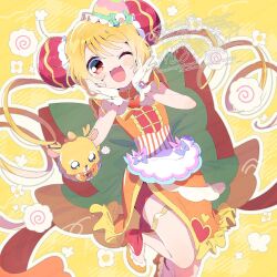 1girl animal ankle_bow ankle_ribbon apron aqua_bow back_bow bare_legs blonde_hair blush_stickers bow bow_apron bowl bowtie brooch bun_cover china_dress chinese_clothes clothed_animal cure_yum-yum deer delicious_party_precure dot_nose double_bun dress drill_hair eyelashes food-themed_hair_ornament foot_out_of_frame frilled_dress frilled_gloves frills gloves gold_thighlet green_bow hair_bow hair_bun hair_ornament hanamichi_ran hands_on_own_cheeks hands_on_own_face happy heart heart_brooch heart_print high_heels highres jewelry knees large_bow leg_up long_hair looking_at_viewer magical_girl mem-mem_(precure) one_eye_closed open_mouth orange_brooch orange_dress orange_shoes outline pink_bow plaid_background pom_pom_(clothes) pom_pom_hair_ornament precure purple_bow red_bow red_eyes red_shorts ribbon serizawa_serizane shoes short_dress short_shorts shorts side_slit smile striped_bow striped_bowtie striped_clothes swept_bangs tareme twin_drills twintails twitter_username two-tone_bow two-tone_bowtie very_long_hair waist_apron watch watermark white_apron white_bow white_bowtie white_gloves white_outline wristwatch yellow_background yellow_bow yellow_bowtie