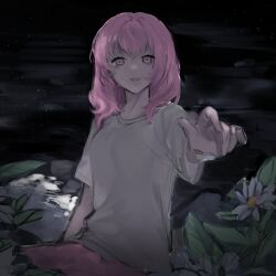 1girl absurdres bags_under_eyes breasts cowboy_shot dosa_(_angrim5) flower highres iyowa_girls large_breasts looking_at_viewer medium_hair mermaid monster_girl night open_mouth outdoors pink_eyes pink_hair pond reaching reaching_towards_viewer shirt short_sleeves sitting smile solo suishitai-chan_(iyowa) suishitai_ni_modoranaide_(vocaloid) water white_flower white_shirt