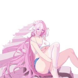 Rule 34 | 1girl, alternate costume, bare legs, blue shorts, breasts, chinese commentary, commentary request, cq33, crop top, diamond-shaped pupils, diamond (shape), elysia (herrscher of human: ego) (honkai impact), elysia (honkai impact), feet out of frame, hair ornament, highres, honkai (series), honkai impact 3rd, large breasts, looking at viewer, mask, mouth mask, pink mask, purple eyes, shorts, simple background, solo, symbol-shaped pupils, underboob, white background