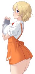 1girl ass blonde_hair blue_eyes blush braid breasts darjeeling_(girls_und_panzer) girls_und_panzer highres kuzuryuu_kennosuke large_breasts looking_at_viewer simple_background smile solo waitress white_background