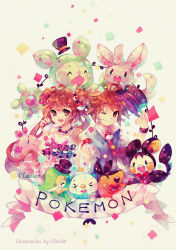 Rule 34 | 10s, 1boy, 1girl, bad deviantart id, bad id, brown eyes, brown hair, clavies, copyright name, emolga, gen 5 pokemon, hat, holding, holding poke ball, long hair, minccino, munna, nate (pokemon), nintendo, oshawott, poke ball, pokemon, pokemon (creature), pokemon bw2, reuniclus, rosa (pokemon), signature, simple background, snivy, starter pokemon trio, tepig, top hat