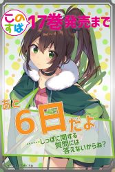 Rule 34 | 1girl, absurdres, blush, breasts, brown hair, cape, female focus, green eyes, highres, jacket, kono subarashii sekai ni shukufuku wo!, lean (konosuba), long hair, looking at viewer, mishima kurone, official art, open mouth, ponytail, smile, solo