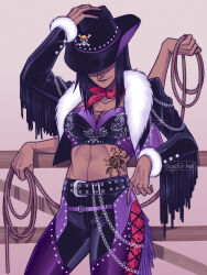 1girl against_fence belt black_belt black_hair black_pants breasts chaps cleavage clothing_request collarbone cowboy_hat cropped_jacket cross-laced_clothes cross-laced_slit cross-laced_top dark_skin extra_arms fence flower_tattoo fringe_trim fur-trimmed_jacket fur-trimmed_sleeves fur_trim hana_hana_no_mi hand_on_own_hat hat hat_over_eyes highres holding holding_rope jacket leaning_back long_sleeves medium_hair nico_robin one_piece pants rope smile sogekii-heii solo stomach_tattoo strapless tattoo tube_top wallet_chain wooden_fence