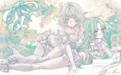 2girls absurdres ahoge ass bare_shoulders bloomers breasts camisole check_copyright copyright_request expressionless flower green_eyes green_hair grey_eyes grey_hair highres long_hair looking_at_viewer looking_back lying multiple_girls on_stomach original short_hair small_breasts smile socks suimin_(sui_0y0) symbol-shaped_pupils underwear x-shaped_pupils