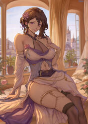 1girl absurdres bare_shoulders bed breasts brown_hair building curtains dress frlexz gold hand_on_own_chest highres large_breasts lips looking_at_viewer mature_female navel original pink_hair plant sitting smile sunset thighhighs window