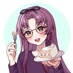 1girl artist_name blue_background blush border bow cake cake_slice commentary commission curtained_hair eiyuu_densetsu english_commentary food fork glasses hair_bow hajimari_no_kiseki holding holding_fork holding_plate long_hair looking_at_viewer open_mouth parted_bangs plate purple_hair renne_(eiyuu_densetsu) sen_no_kiseki_(series) sidelocks simple_background smile solo strawberry_shortcake twitter_username upper_body watermark white_border yellow_eyes yura_s_arts