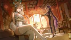 4girls ^_^ absurdres ahoge akane_(blue_archive) alternate_costume architecture asuna_(blue_archive) bamboo_steamer bare_legs black_hair black_shoes blonde_hair blue_archive blush breasts brown_hair china_dress chinese_clothes cleaning_&amp;_clearing_(blue_archive) cleavage cleavage_cutout closed_eyes clothing_cutout commentary crossed_legs cup dress east_asian_architecture english_commentary flower food fur_shawl hair_flower hair_ornament hair_over_one_eye halo hand_fan high_heels highres holding holding_fan holding_tray indoors karin_(blue_archive) lace lace-trimmed_thighhighs lace_trim lantern large_breasts long_hair looking_at_viewer mole mole_on_breast multiple_girls neru_(blue_archive) one_eye_covered orange_hair paper_lantern pibag print_dress purple_hair shawl shoes short_hair sitting sleeveless sleeveless_dress smile standing standing_on_one_leg steamed_bun thigh_strap thighhighs tray tuanshan very_long_hair white_thighhighs