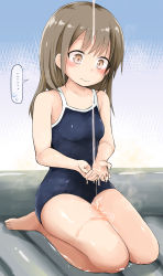 Rule 34 | ..., 1girl, air mattress, bare arms, bare shoulders, blue one-piece swimsuit, blush, breasts, brown eyes, brown hair, closed eyes, closed mouth, commentary request, competition school swimsuit, competition swimsuit, female focus, flying sweatdrops, fujisaka lyric, head tilt, highres, looking away, looking down, lotion, lube, mat, mat play, nuru massage, oil, one-piece swimsuit, original, school swimsuit, seiza, sitting, small breasts, soapland, solo, spoken ellipsis, spoken sweatdrop, sweatdrop, swimsuit, water