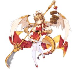 1girl :d ahoge ark_order bamboo_steamer black_sash blonde_hair bow braid brown_hair dango_remi dragon_horns dragon_tail dragon_wings dress feathered_wings flats food full_body guan_dao horns lantern long_hair low_ponytail official_art open_mouth polearm ponytail red_dress sash side_braid sleeveless sleeveless_dress smile solo steamed_bun tachi-e tail thighhighs transparent_background twin_braids very_long_hair weapon white_thighhighs wings wrist_cuffs yellow_bow yinglong_(ark_order)