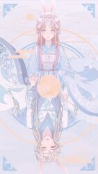 1boy 1girl animal_ears blue_background blue_eyes blue_hanfu card_(medium) character_request chinese_clothes chinese_commentary circlet closed_mouth commentary_request crescent crescent_hair_ornament floating_clothes fog grey_hair hair_ornament hand_fan hanfu highres holding holding_fan lips long_hair long_sidelocks long_sleeves nikki_(series) orange_eyes parted_bangs parted_lips picture_frame pink_lips pom_pom_(clothes) pom_pom_hair_ornament rabbit_ears rabbit_hair_ornament shining_nikki sidelocks situ&#039;erte_tiezhu smile split_theme straight-on tanabata teeth thick_eyebrows tuanshan upside-down white_hanfu wide_sleeves