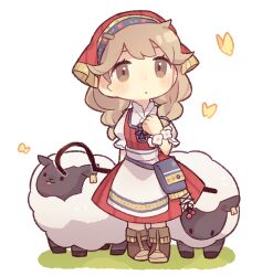 1girl :o boots brown_eyes brown_footwear brown_hair bug butterfly cane dress eyelashes faye_(fire_emblem) fire_emblem fire_emblem_echoes:_shadows_of_valentia grass haconeri holding holding_cane insect long_hair nintendo on_grass open_mouth pouch red_dress sheep simple_background solid_oval_eyes standing white_background wool