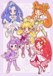Rule 34 | 5girls, aida mana, back bow, bare legs, blonde hair, blue brooch, blue dress, blue gemstone, blue hat, blunt bangs, boots, border, bow, bow-shaped hair, bracelet, brooch, brown hair, choker, clenched hand, clenched hands, closed mouth, clover earrings, cosmetics, crossed arms, cure ace, cure diamond, cure heart, cure rosetta, cure sword, curly hair, deformed, determined, diamond (gemstone), dokidoki! precure, dot nose, dotted line, double bun, dress, earrings, eyelashes, feather-trimmed dress, feather-trimmed sleeves, feather sleeves, flower, footwear bow, forehead, four-leaf clover earrings, frilled arm warmers, frilled dress, frilled sleeves, frills, full body, furrowed brow, gem, gold bracelet, green bow, green flower, grey background, grid background, hair bow, hair bun, hair flower, hair ornament, hair ribbon, hair tie, hairband, hairclip, half-heart hands, hand on own hip, happy, hat, heart, heart-shaped hair, heart brooch, heart earrings, heart hair ornament, heart print, high heel boots, high heels, high ponytail, high side ponytail, highres, hishikawa rikka, jewelry, kenzaki makoto, knee boots, lace-trimmed hairband, lace-trimmed headwear, lace trim, layered dress, lipstick, lipstick tube, long hair, looking at viewer, loose hair strand, madoka aguri, magical girl, makeup, makeup palette, medium dress, medium hair, mini hat, miniskirt, multiple girls, one eye closed, open mouth, outline, outside border, outstretched hand, own hands together, petticoat, pink arm warmers, pink boots, pink bow, pink brooch, pink dress, pink eyes, pink ribbon, pink shorts, ponytail, precure, puffy short sleeves, puffy sleeves, purple arm warmers, purple background, purple boots, purple border, purple bow, purple choker, purple dress, purple eyes, purple hair, red dress, red eyes, red hair, red lips, ribbon, short dress, short ponytail, short sleeves, shorts, shorts under dress, signature, skirt, skirt under dress, smile, spade (shape), spade earrings, square neckline, standing, stiletto heels, swept bangs, tareme, thigh boots, twintails, uwded 207, very long hair, waist bow, walking, white background, white boots, white dress, white outline, white skirt, white sleeves, white wrist cuffs, wrist bow, wrist cuffs, yellow bow, yellow choker, yellow dress, yellow eyes, yellow hairband, yellow ribbon, yotsuba alice