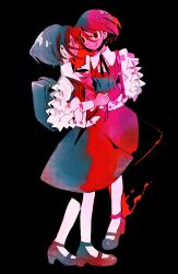 2girls backpack bag black_background collared_shirt dual_persona frilled_shirt frilled_sleeves frills fukurai_azami full_body highres kisaragi_ayumi limited_palette long_sleeves looking_at_another multiple_girls pantyhose puffy_sleeves shirt shoes short_hair simple_background skirt smile soumenhiyamugi spoilers standing sweatdrop toshi_densetsu_kaitai_center