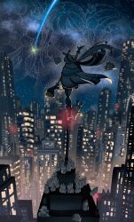 1girl 6+others absurdres ankle_boots arm_up boots brown_cloak cape_lift cityscape cloak dual_persona faceless feather_hair_ornament feathers floating_hair from_behind gloves hair_lift hair_ornament hakos_baelz hakos_baelz_(1st_costume) highres holding holding_lantern holding_stuffed_toy holocouncil hololive hololive_english holopromise hood hooded_cloak hooman_(nanashi_mumei) hootsie_(nanashi_mumei) irys_(hololive) irys_(irys_2.0)_(hololive) kaosottehkob kneehighs lantern long_hair multiple_others mumei_(song)_(hololive) nanashi_mumei nanashi_mumei_(1st_costume) night night_sky objectification on_top_of_pole ouro_kronii ouro_kronii_(1st_costume) partially_fingerless_gloves planet_hair_ornament ponytail shooting_star single_kneehigh single_sock single_thighhigh sky socks star_(sky) starry_sky stuffed_toy thighhighs tsukumo_sana tsukumo_sana_(1st_costume) twintails very_long_hair virtual_youtuber