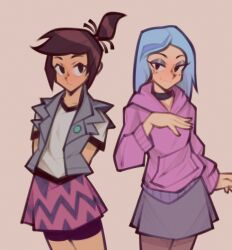2girls andrea_davenport blue_hair brown_eyes brown_hair eyeshadow freckles fujimna highres hood hoodie long_hair looking_at_viewer makeup molly_mcgee multicolored_hair multiple_girls pantyhose pink_hoodie ponytail purple_eyeshadow shirt short_hair skirt streaked_hair the_ghost_and_molly_mcgee vest