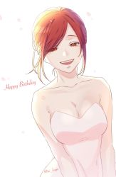 1girl bad_id bad_pixiv_id bare_shoulders braid breasts character_request cleavage collarbone dress en&#039;en_no_shouboutai happy_birthday lisa_isaribi medium_breasts oikoyo red_hair simple_background solo twitter_username upper_body white_background white_dress
