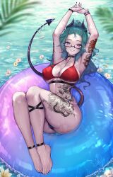 1girl absurdres afloat anklet arm_tattoo armpits arms_up aruna_reaver ass barefoot between_breasts bikini black_choker black_horns black_nails blue_bikini blue_eyes bracelet breasts chain choker collar commentary demon_tail dragon_tattoo english_commentary eyebrow_piercing face_piercing feet fingernails flower flower_on_liquid flower_tattoo green_hair grin heterochromia highleg highleg_bikini highres horns indie_virtual_youtuber innertube jewelry large_breasts leg_tattoo legs long_fingernails long_hair mismatched_bikini nail_polish on_innertube petals petals_on_liquid piercing pink_eyes red_bikini sainty semi-rimless_eyewear signature smile snake_tattoo solo spiked_collar spikes stomach_tattoo swim_ring swimsuit tail tattoo thighs toenail_polish toenails toes virtual_youtuber water