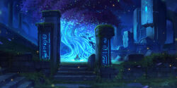 Rule 34 | 1girl, brick wall, chinnkun, fantasy, from behind, glowing, glowing tree, grass, landscape, light particles, magic, night, original, painterly, ruins, runes, signature, sitting, sky, stairs
