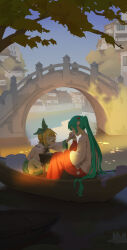 2girls absurdres aqua_eyes aqua_hair bayun blonde_hair boat bridge closed_eyes commentary fang hair_ornament hairclip hatsune_miku highres kagamine_rin long_hair multiple_girls open_mouth short_hair tree twintails vocaloid water watercraft