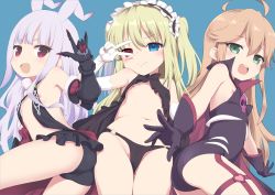 3girls \n/ absurdres ahoge antenna_hair arm_up armpits ass bare_shoulders black_cape black_dress black_gloves black_leotard black_panties black_skirt blonde_hair blue_background blue_eyes boku_wa_tomodachi_ga_sukunai breast_curtains breasts cameltoe cape clawed_gauntlets commission commissioner_upload crossover doronjo dress elbow_gloves female_focus from_side fur_trim gauntlets gloves green_eyes grey_hair groin hairband hasegawa_kobato heterochromia highres hoshimiya_kate kannazuki_genshi leopard_(yatterman) leotard loli lolita_hairband long_hair looking_at_viewer microskirt multiple_girls navel nipple_slip nipples o-ring open_clothes open_dress open_mouth panties red_eyes sekai_seifuku:_bouryaku_no_zvezda simple_background skeb_commission skirt small_breasts smile strapless strapless_leotard thigh_strap thighs two_side_up underwear v venera-sama very_long_hair white_gloves yoru_no_yatterman