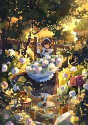 1girl apron atelier_umiyury backyard black_hair blunt_bangs bush commentary flower frilled_apron frills garden highres holding holding_umbrella hydrangea light_particles long_sleeves looking_at_viewer maid maid_apron maid_headdress mailbox_(incoming_mail) original outdoors plant potted_plant shoes short_hair signature solo standing sunlight tree umbrella watering_can