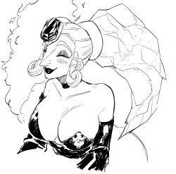 1girl artist_request big_nose blush breasts choker cleavage closed_eyes collarbone detached_sleeves eyeshadow forehead_jewel greyscale highres large_breasts lipstick makeup monochrome nintendo smile solo source_request the_legend_of_zelda the_legend_of_zelda:_ocarina_of_time twinrova twintails upper_body