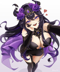 1girl :d absurdres aegyo_sal arm_out_of_frame artist_name asymmetrical_horns bare_shoulders black_boots black_dress black_horns black_sleeves black_thighhighs blue_gemstone blue_pupils boots breasts brooch cleavage colored_eyelashes commentary crossed_bangs detached_sleeves double-parted_bangs dress english_commentary eyeliner feet_out_of_frame floral_print flower from_above gem gem_on_head hair_between_eyes hair_flower hair_ornament hand_on_own_face hand_up haori903 heart highres horns indie_virtual_youtuber jewelry large_breasts long_hair looking_at_viewer makeup mismatched_horns open_mouth purple_eyes purple_flower purple_gemstone purple_hair red_eyeliner simple_background single_thigh_boot single_thighhigh sleeveless sleeveless_dress smile solo standing teeth thigh_boots thighhighs twitter_username unjaded_(vtuber) upper_teeth_only very_long_hair virtual_youtuber white_background