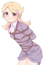 1girl absurdres ace_trainer_(pokemon) arms_behind_back bdsm blonde_hair blush bondage bound commentary_request cowboy_shot dress eyelashes grey_eyes hair_ornament hairclip highres leaning_forward long_hair looking_at_viewer nintendo open_mouth pokemon pokemon_xy shibari simple_background softo3932 solo sweatdrop swept_bangs white_background