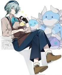 Rule 34 | 1boy, anaxa (honkai: star rail), anaxa (ingenuity) (honkai: star rail), apron, aqua hair, arm tattoo, bird, black gloves, blue eyes, blue hat, blue pants, brown apron, brown shoes, closed mouth, collared shirt, crossed legs, english text, full body, gloves, grey shirt, half-closed eyes, hat, highres, honkai: star rail, honkai (series), jewelry, male focus, medium hair, multiple rings, oo 1y, pants, partially fingerless gloves, pink pupils, ring, shadow, shirt, shoes, side ponytail, single glove, sitting, smile, solo, star (symbol), tattoo, twitter username, watermark, white background