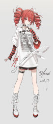 1girl absurdres belt boots drill_hair full_body hair_ribbon highres kasane_teto kieed lace-up_boots layered_sleeves long_shirt long_sleeves red_eyes red_hair revision ribbon shirt sleeves_past_wrists solo standing striped_sleeves thigh_belt thigh_strap twin_drills utau white_boots white_shirt