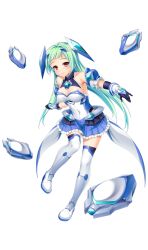 1girl aqua_hair armpits bare_shoulders black_gloves blue_skirt blunt_bangs boots breasts cleavage covered_navel exs-tia_aqua frilled_skirt frills full_body gloves green_hair headgear highres kamitsurugi_ouka kouyoku_senki_exs-tia_concert kunijima_chiaki large_breasts long_hair looking_at_viewer medium_breasts official_art orange_eyes outstretched_arm pleated_skirt red_eyes skirt smile solo thigh_boots thighhighs transparent_background very_long_hair zettai_ryouiki